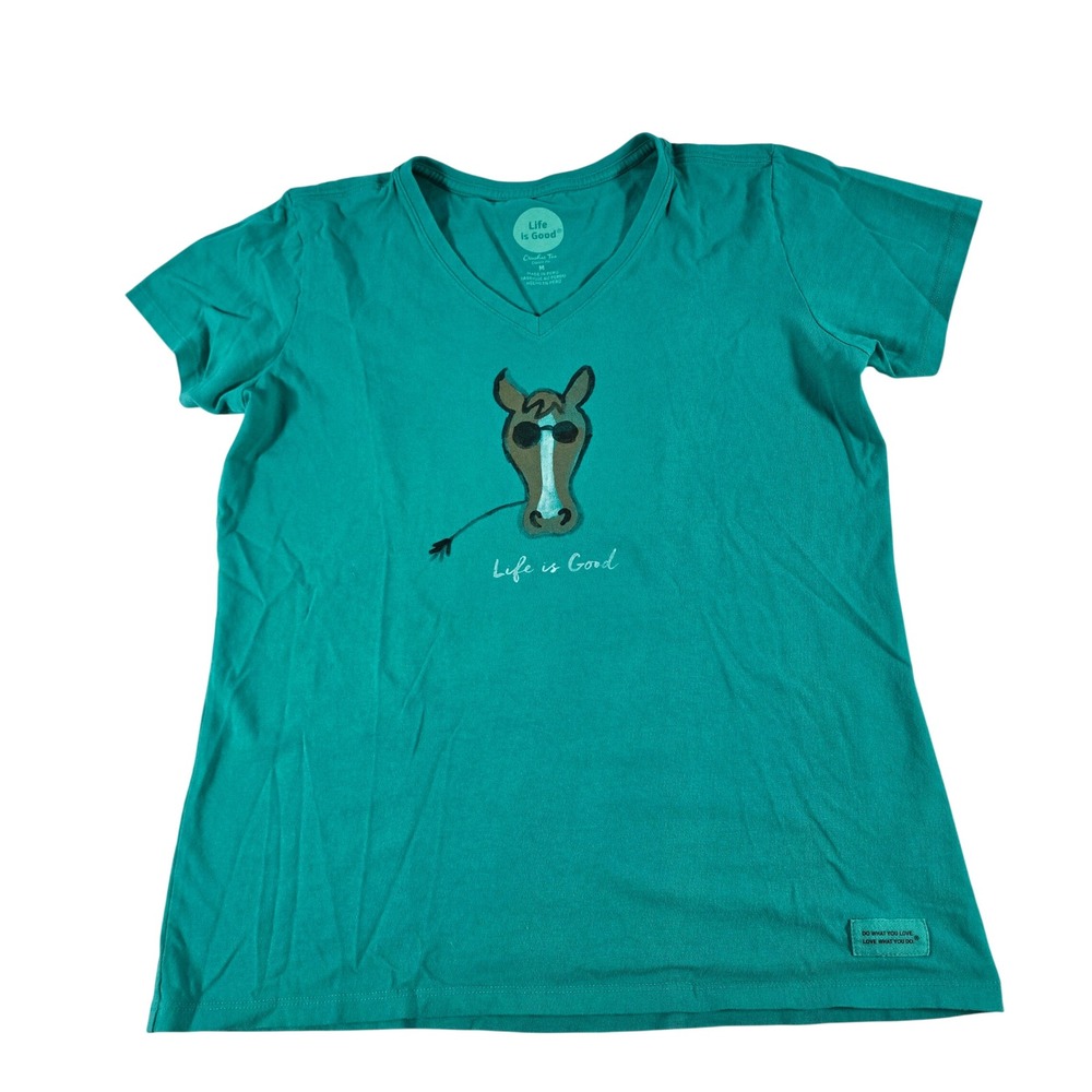Life is Good Womens Horse Sunglasses Crusher Tee V-Neck Teal Green Size M